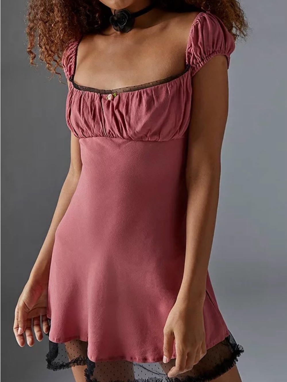 Urban Outfitters Kimchi Blue Ana Cap Sleeve Mini Dress with Black Lace Trim.